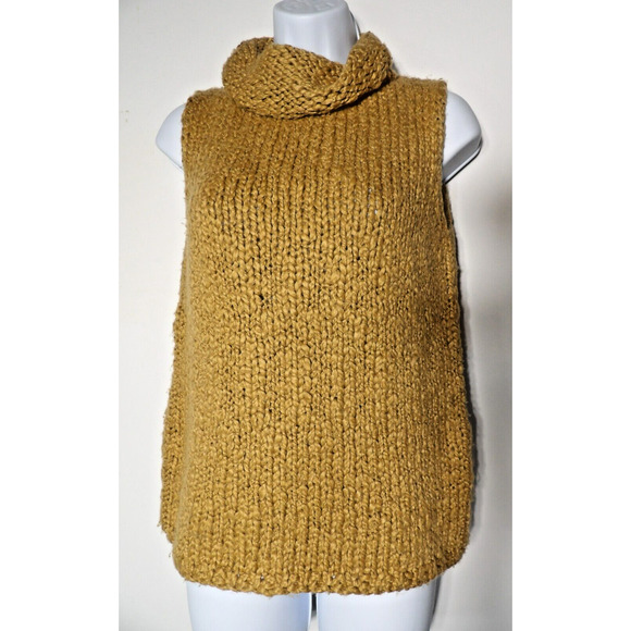 Express World Brand Handknit Wool Sweater Medium Tank Mock Neck Sleeveless Tan - Picture 1 of 11